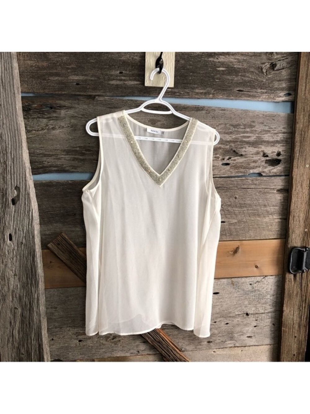 RICKI'S Size Large White Semi Sheer, Beaded V-Neck Sleeveless Blouse